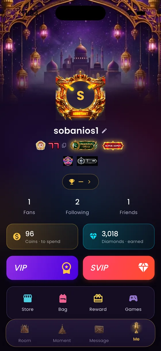 A WM Live profile with badges, coins and diamonds